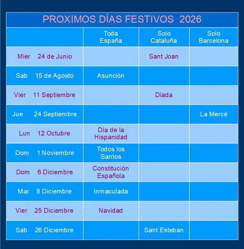 calendario de los días festivos