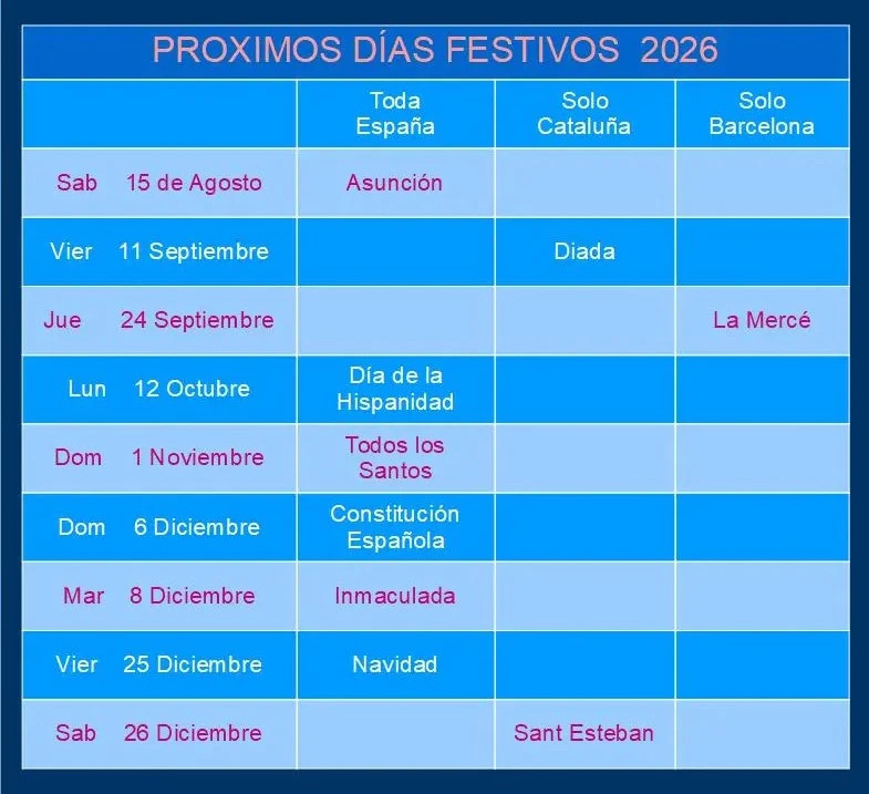 calendario de los días festivos
